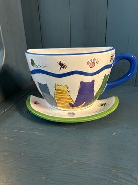 Whimsical “Fat Cats” Teacup Planter in Blue, Green & Multicolor | Wall Decor